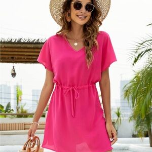 Pink V-Neck Swim Cover-Up Dress